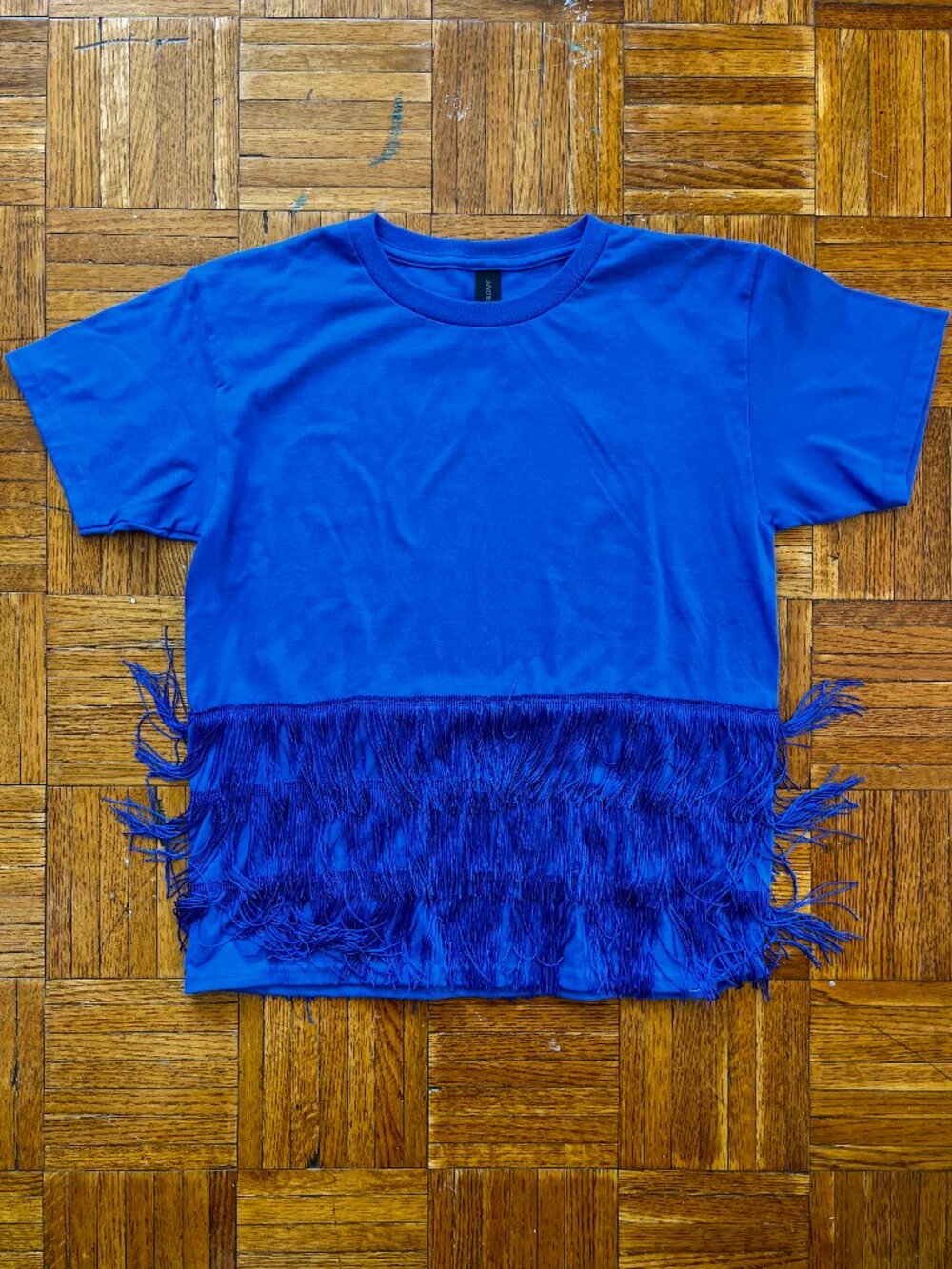 KIDS Fringe T-Shirt Royal Blue Youth L Handmade Cotton One of a Kind NEW